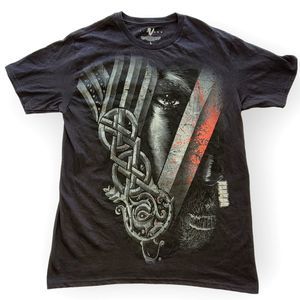 Vikings TV Show Adult Black Large T-Shirt Face and Sword Graphic Tee